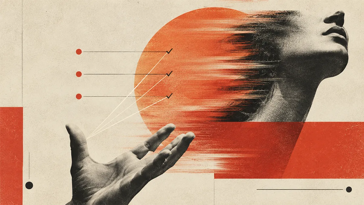 A collage of an open hand casting lines up to three checked items, beside a face streaking into an orange sun
