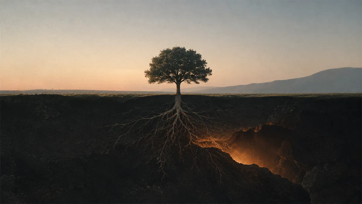 A lone tree at dusk, its roots reaching down through a cutaway of dark earth toward a glowing fissure